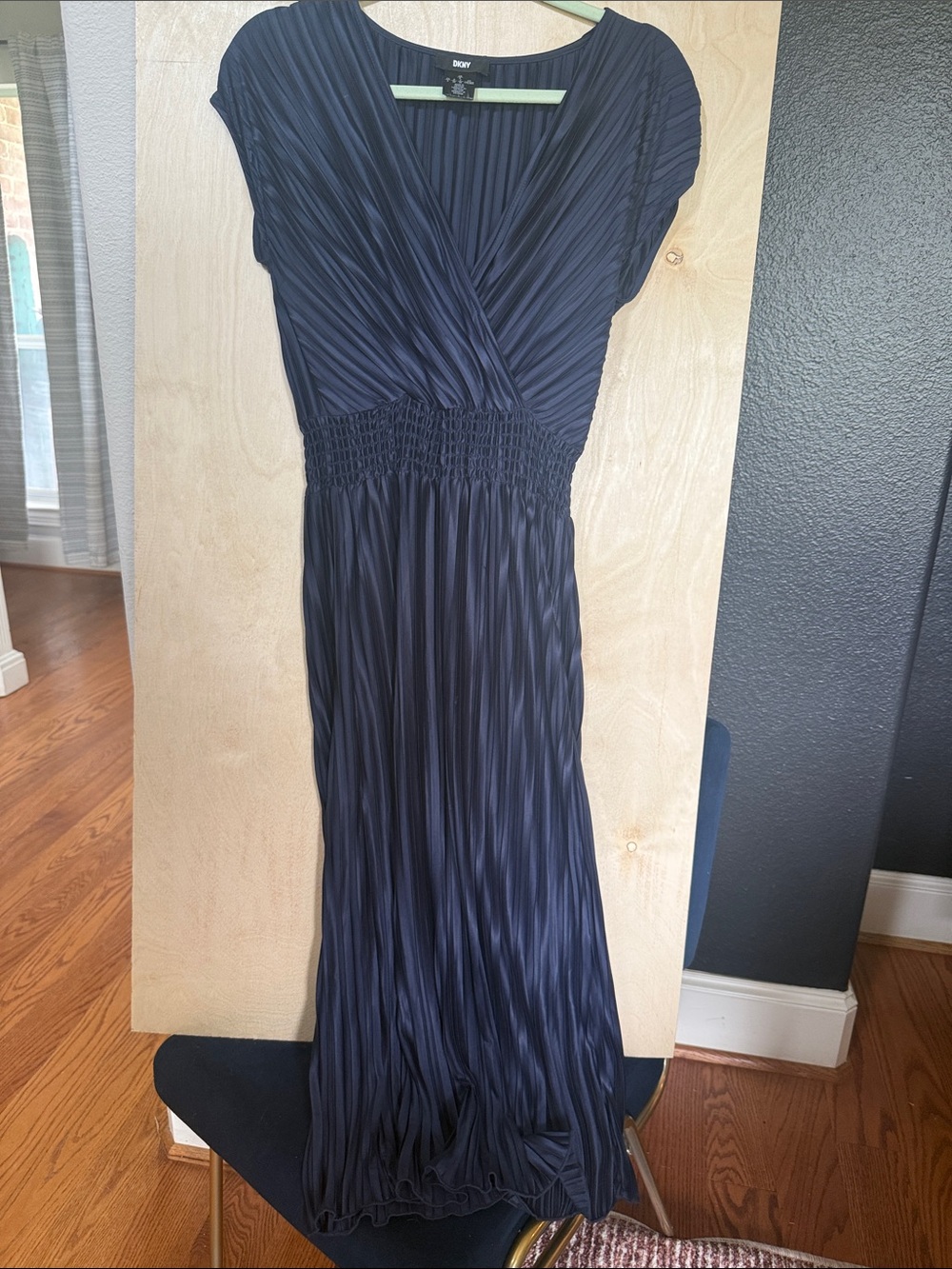 DKNY Navy Pleated Wrap-Style Maxi Dress